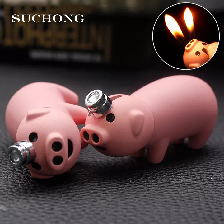 Custom Creative Metal Windproof Refillable Kawaii Pig Anime Butane Torch Gas Magic Double Jet Flame Lighter Refill For Cigarette