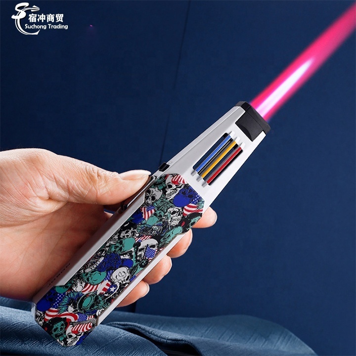 Custom Logo Windproof Luxury Bbq Jet Single Pink Flame Refillable Gas Metal Torch Lighter