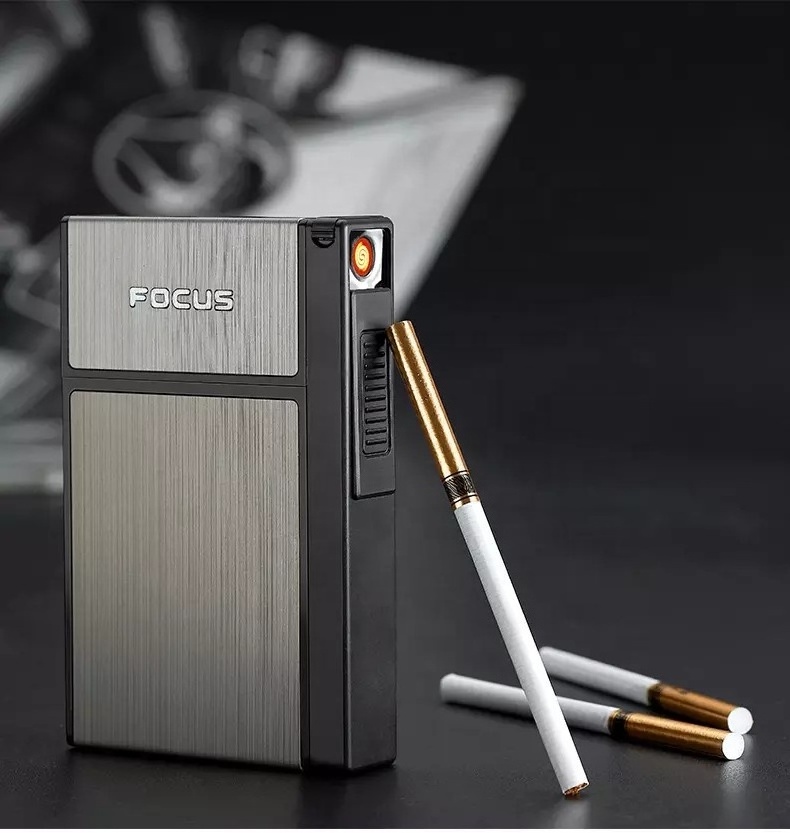 Custom Waterproof Electronic Metal Blank Cigarettes Lighter Box Slim Focus Cigarette Case With Usb Lighter