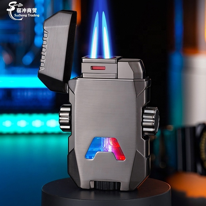 Windproof Cyberpunk Straight Visual Air Chamber Mecha Gold Butane Gas Rotatable Gyroscope  Cigar Torch Blue Double Flame Lighter