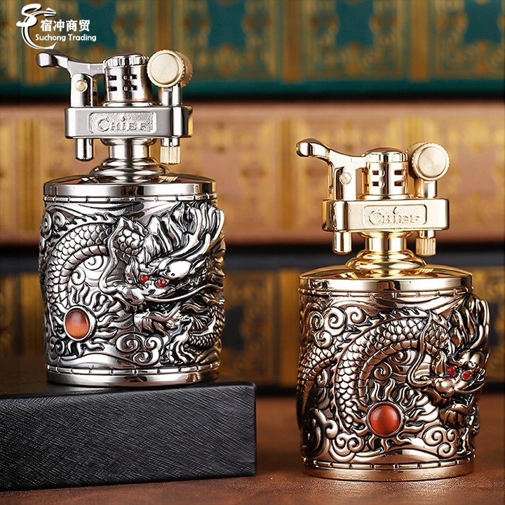 Windproof Cool Dragon Leather Metal Black Flint Kerosene Oil Cigarette Lighter