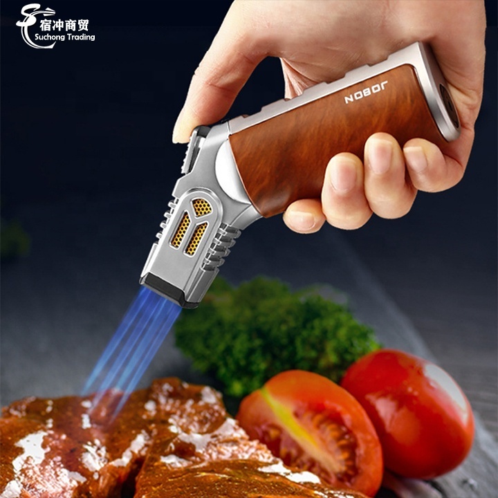 Wholesale Custom Logo BBQ Kitchen Gas 4 Jet Flame Butane Gun Cigar Torch Lighter