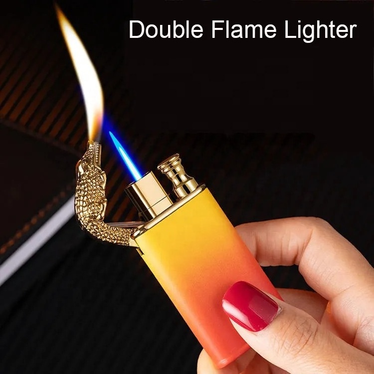 Tiktok Custom Novelty Cool Gradient Double Flame Croc Dragon Cigarette Lighter With Display Gift Box