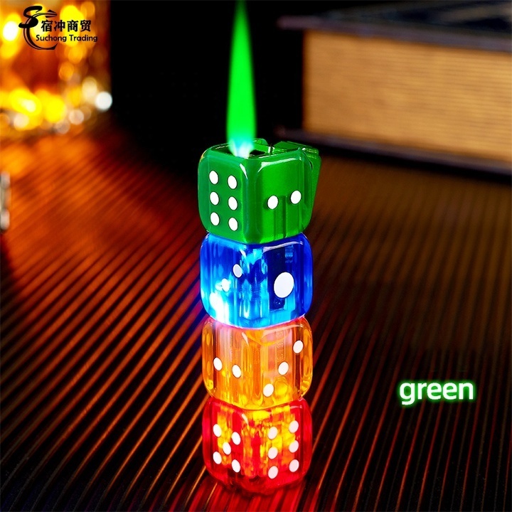 Custom Novelty Cool Butane Gas Gold Yellow Blue Red Metal Dice Torch Lighter Cigarette Jet Flame