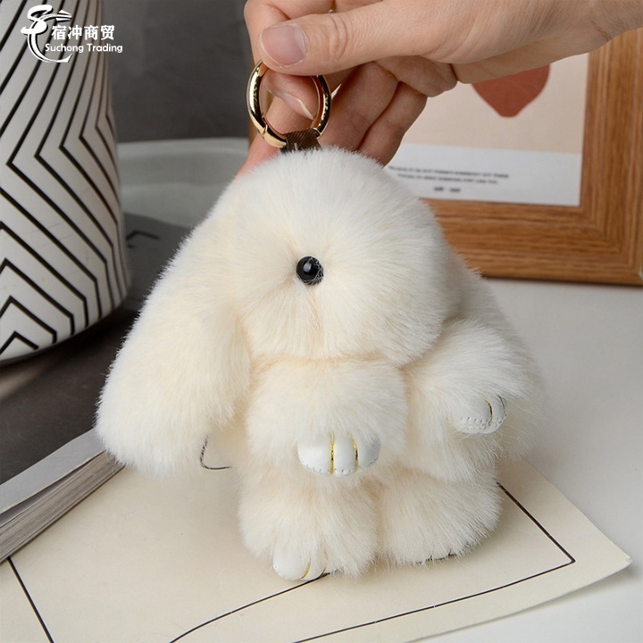 Custom 18cm Bunny Doll Car Keyring Cute Soft Faux Fur Pom Pom Fluffy Plush Pendant KeyChain