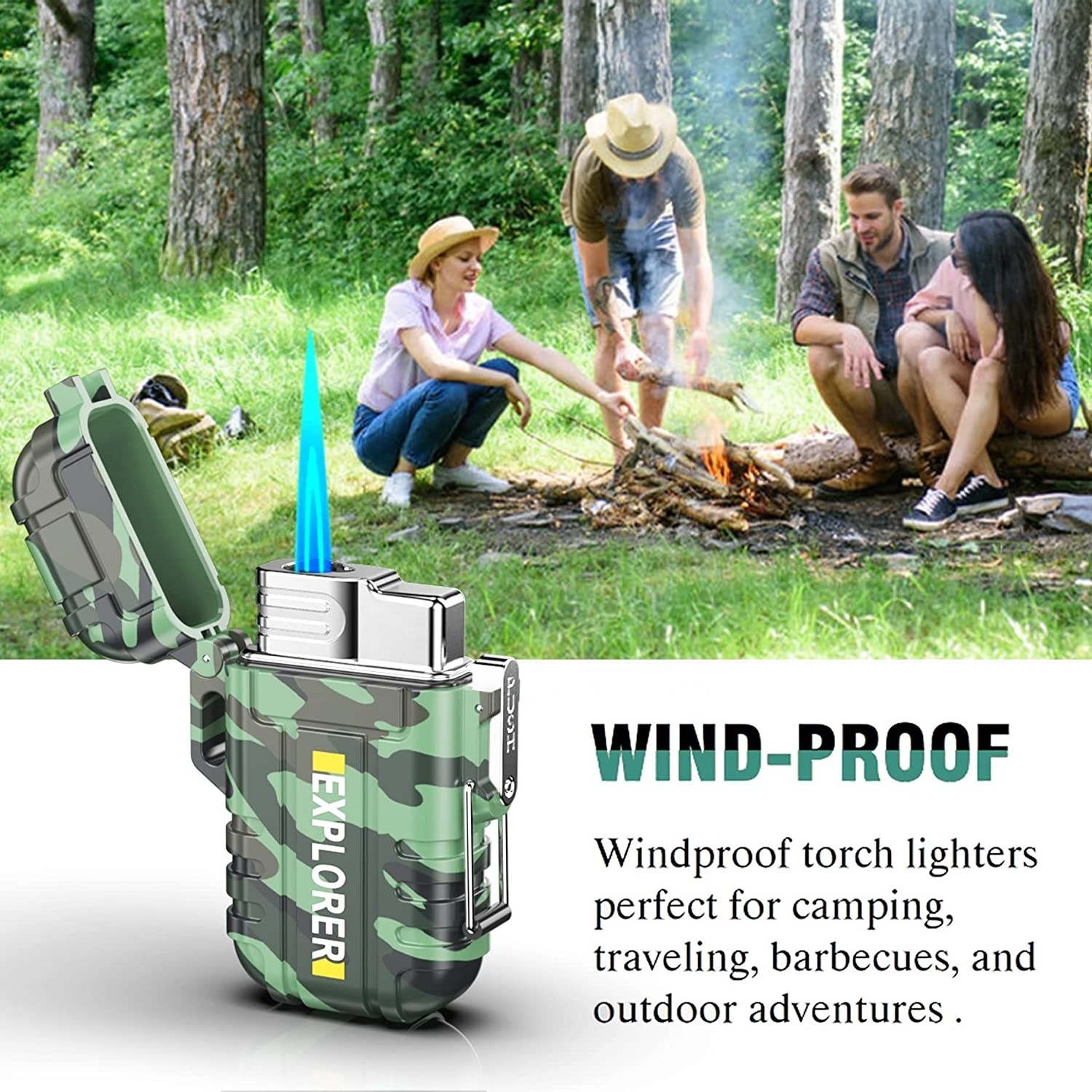 Custom Outdoor Windproof Waterproof Refillable Jet Flame Cigar Butane Torch Camouflage Lighter