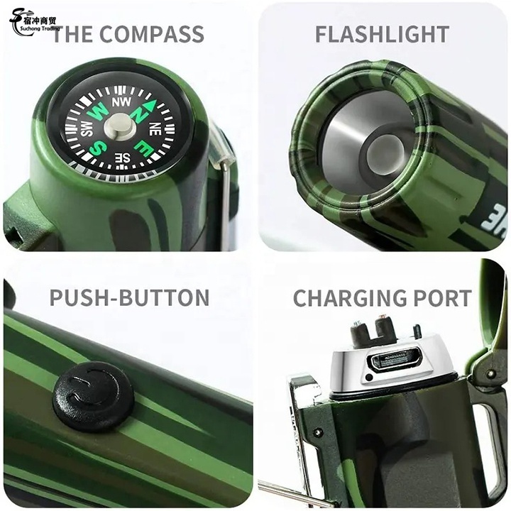 Outdoor Camping Enthusiasts Waterproof Flameless Dual Arc Usb Rechargeable Electric Lighter With Flashlight Compass