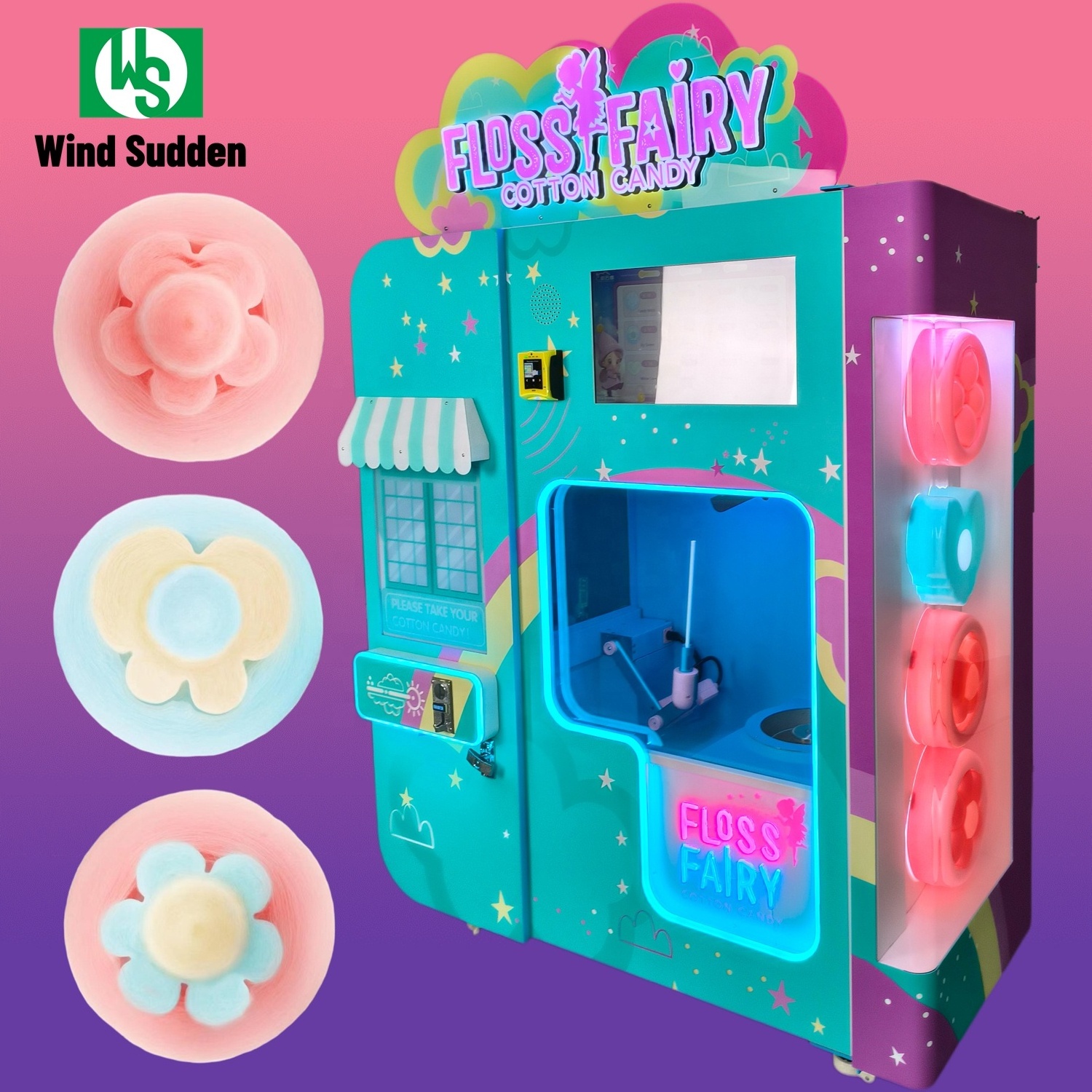 Customize Clean Outdoor Work Flower Party Automatic Cotton Candy Vending Hot Sale Marshmellow Making Machine For Kids