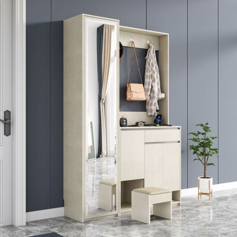 Scandinavian Large-Capacity Wardrobe With Mirror Multifunctional With Shoe Changing Stool Shoe Cabinet