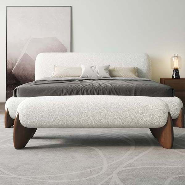 Italian Bedroom Furniture Upholstered Boucle Fabric Solid Wood Bed Frame Walnut Feet Queen Size King Size Fabric Bed