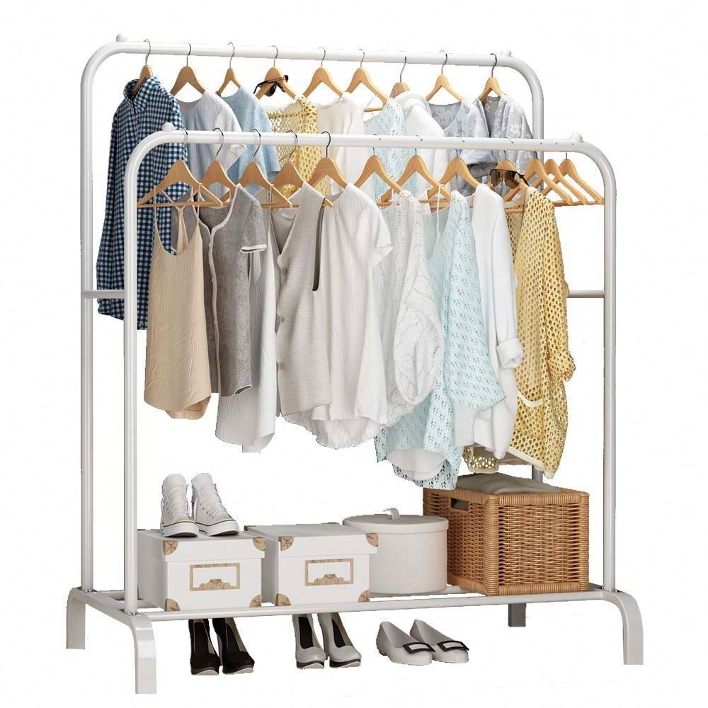 Multifunctional Coat Rack Stand Freestanding Double Rod Clothing Racks With Shelf For Hanging Clothes