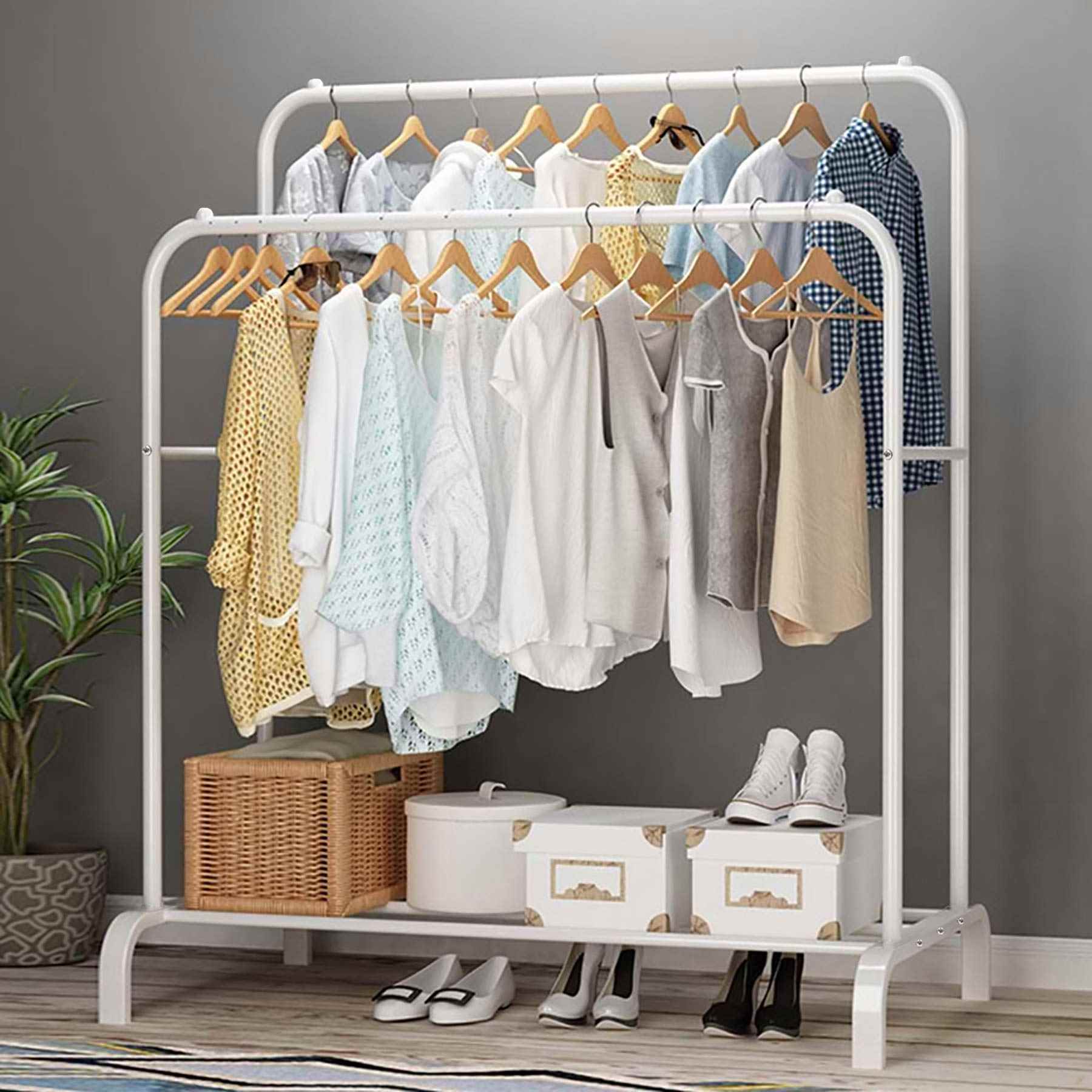 Multifunctional Coat Rack Stand Freestanding Double Rod Clothing Racks With Shelf For Hanging Clothes