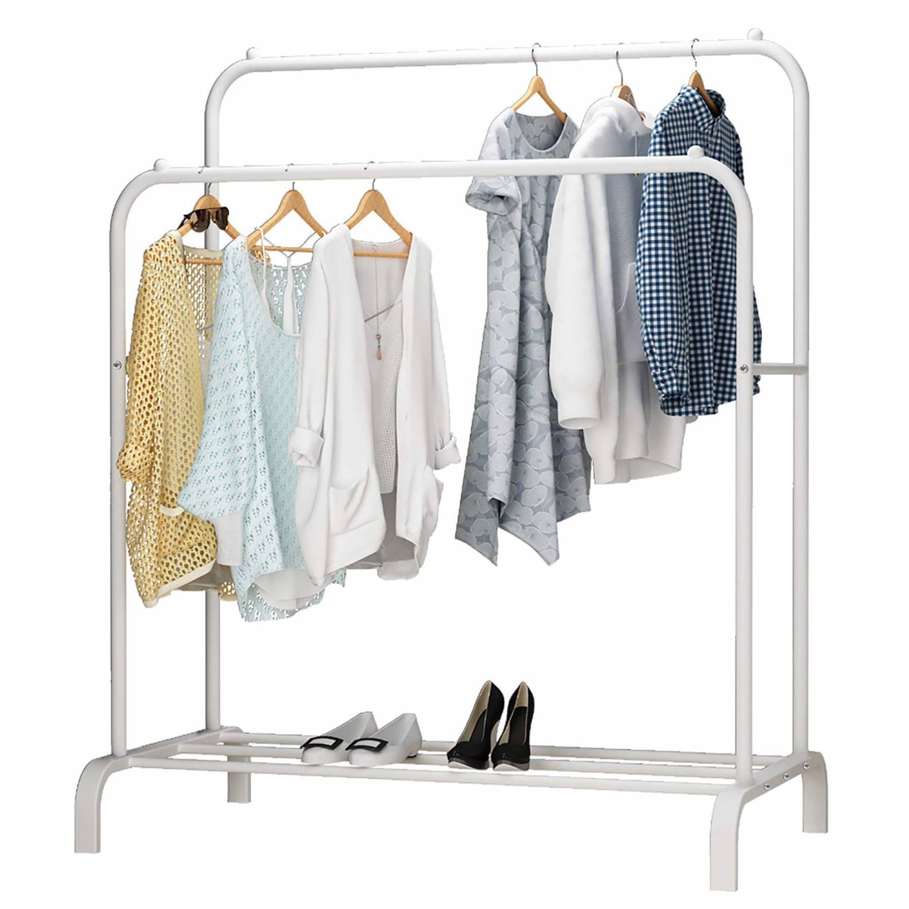 Multifunctional Coat Rack Stand Freestanding Double Rod Clothing Racks With Shelf For Hanging Clothes