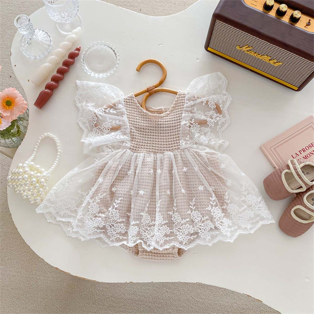 1 Pcs Custom Label Lace Romper Summer Newborn Infant Toddler Clothes Flutter Sleeves Baby Girls Tutu Romper