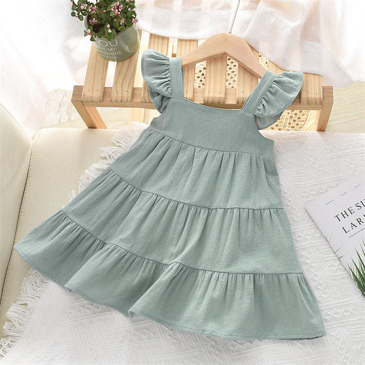 1 Piece Label Adding Toddler Children Clothing Summer Flutter Sleeve Kids Cotton Linen Girl Dresses