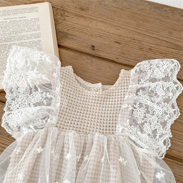 1 Pcs Custom Label Lace Romper Summer Newborn Infant Toddler Clothes Flutter Sleeves Baby Girls Tutu Romper