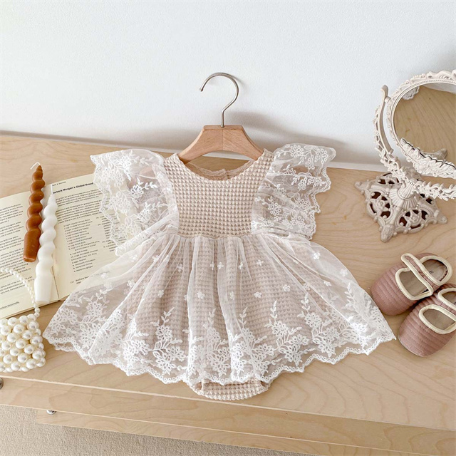 1 Pcs Custom Label Lace Romper Summer Newborn Infant Toddler Clothes Flutter Sleeves Baby Girls Tutu Romper