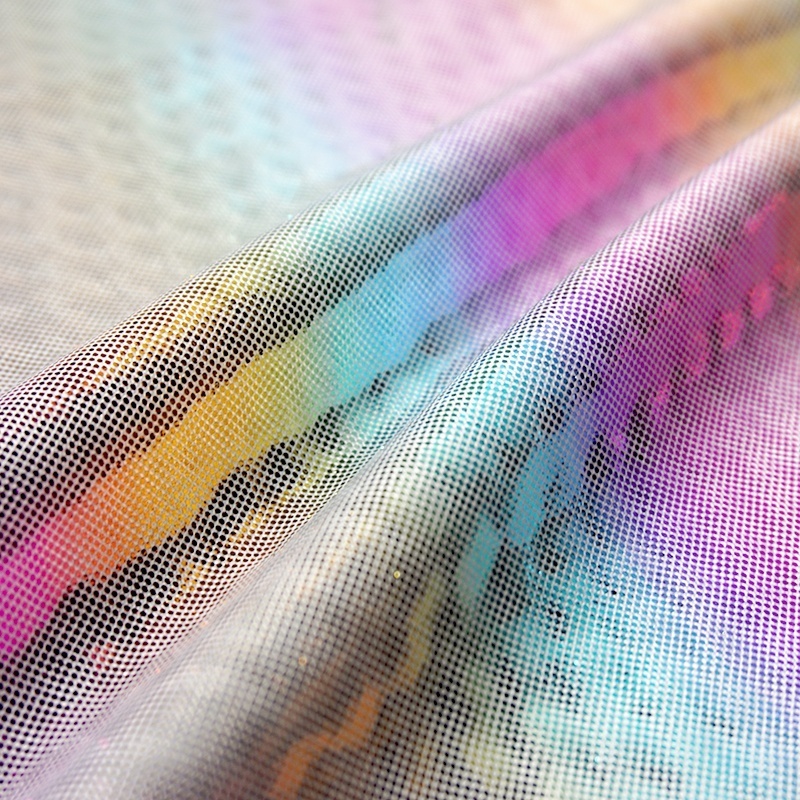 High quality new design colorful rainbow shiny glitter stretch hologram polyester spandex holographic fabric