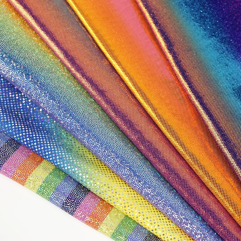 High quality new design colorful rainbow shiny glitter stretch hologram polyester spandex holographic fabric