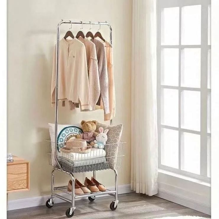 Movable Clothes Stand Rack Trolley With Top Rod And Lower Storage Shelf Coat Rack For Boxes Shoes Boots