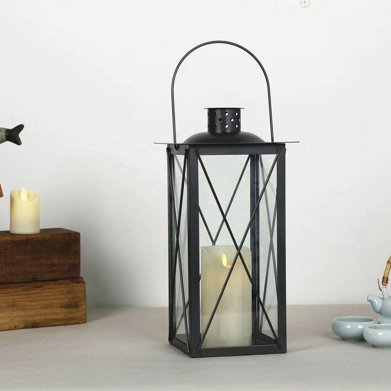 Wedding Decorating LED Battery Black Metal Candle Holder Outdoor Hanging Moroccan Lantern With Flameless Candle