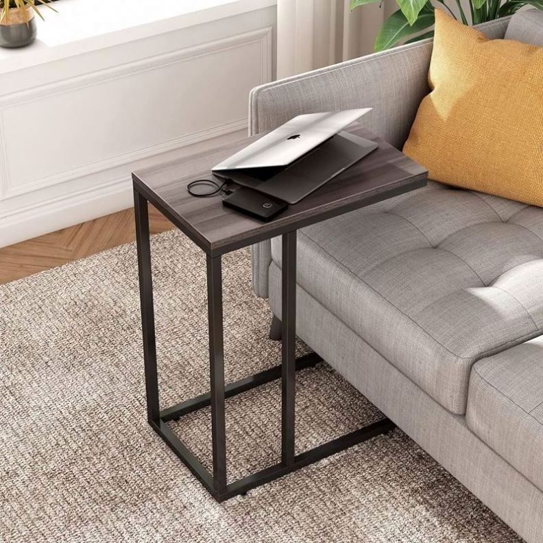 Modern  Living Room Sofa Square Narrow Cube Wood Metal C Shape End Table Side Table