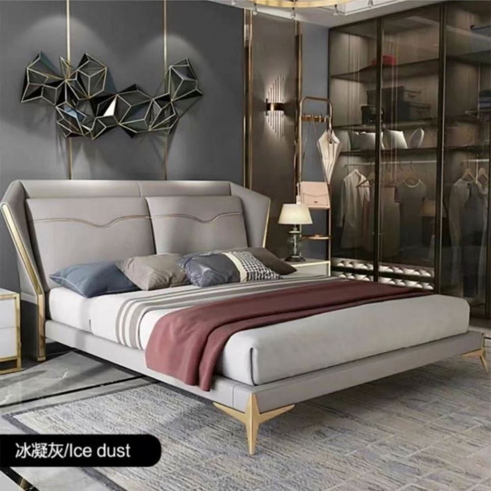 High-grade leather European style solid wood bed frame high rebound sponge bed