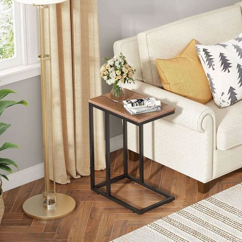 Modern  Living Room Sofa Square Narrow Cube Wood Metal C Shape End Table Side Table