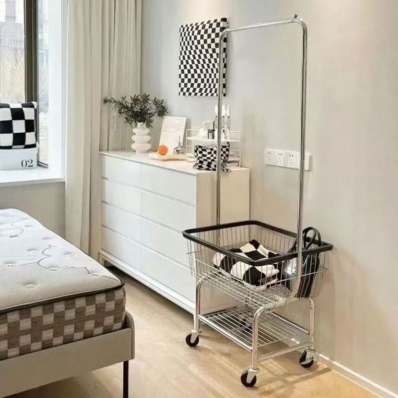 Movable Clothes Stand Rack Trolley With Top Rod And Lower Storage Shelf Coat Rack For Boxes Shoes Boots