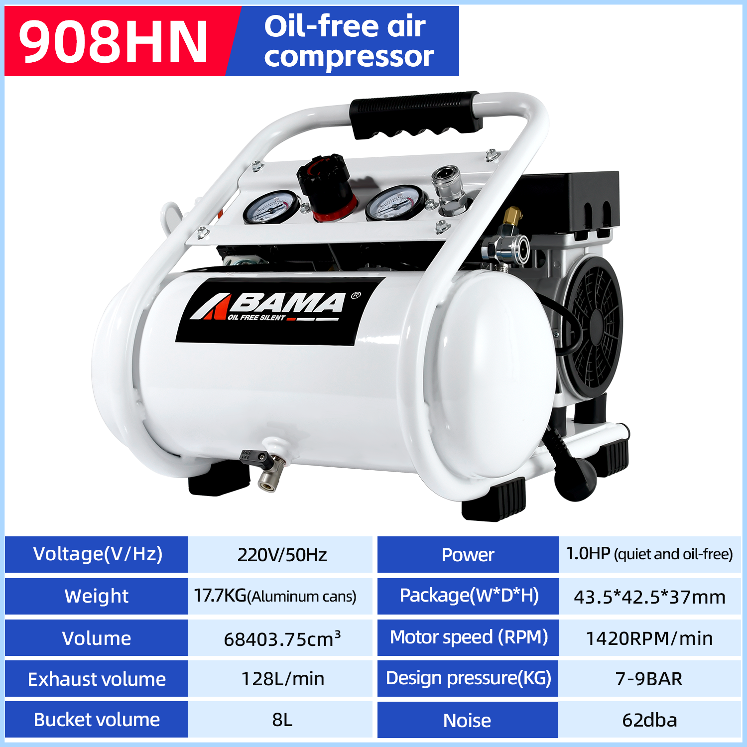 New 220V 1HP 128L/min Portable Electric Dental Piston Air Compressor With 8L Aluminium Air Tank