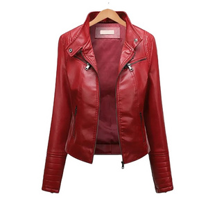 Women Faux Leather Jacket Slim Fit Stand Collar Lady Coat Long Sleeve Pockets Zipper Placket Biker Thin Style Female Outwear