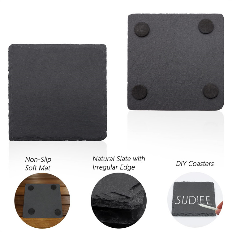 Slate Stone Coasters Round Black Natural Edge Stone Drink Coaster Pad Serving Plate for Bar and Home