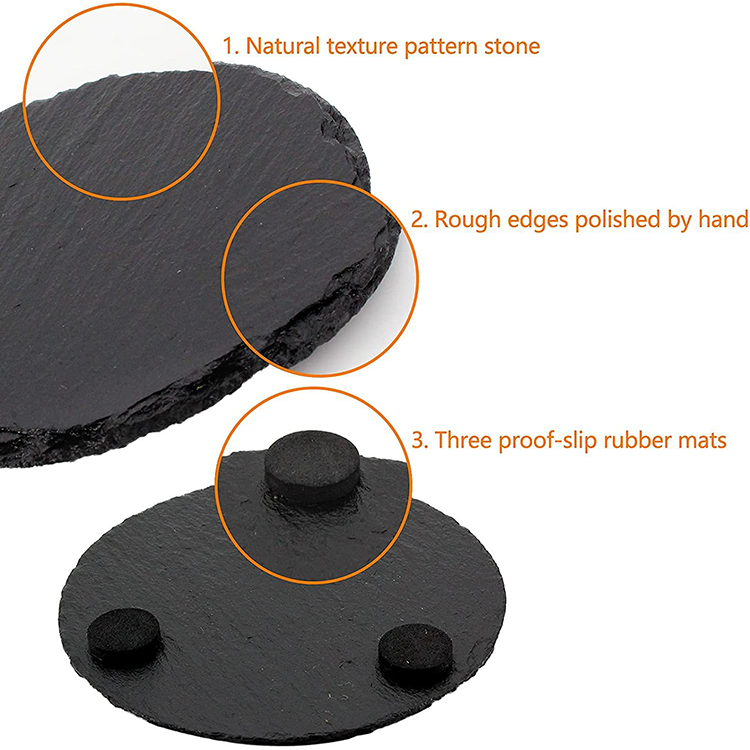 Slate Stone Coasters Round Black Natural Edge Stone Drink Coaster Pad Serving Plate for Bar and Home