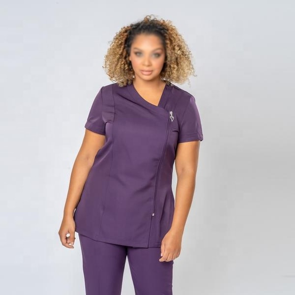 Lady Healthcare Scrub Uniforms  Asymmetrical Zip Up Tunic Tops Blouse Medical Uniform Spandex Fabric 4-way Stretch