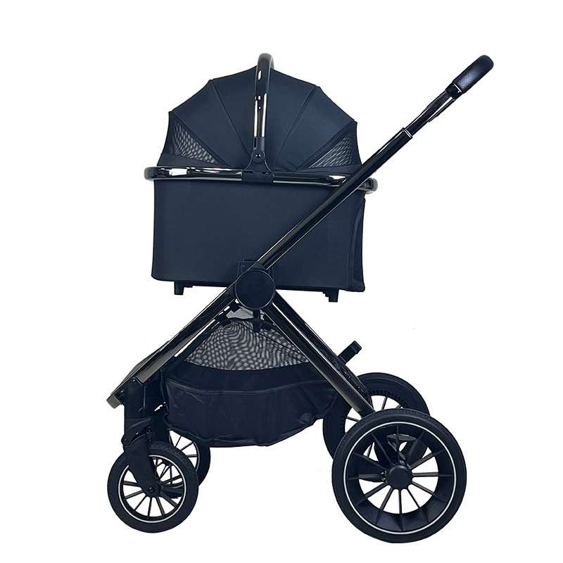 Hot selling  Custom cart product one hand fold up 2024 new model 4 Wheels pet stroller double pet stroller Storage Basket