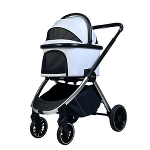 Hot selling  Custom cart product one hand fold up 2024 new model 4 Wheels pet stroller double pet stroller Storage Basket