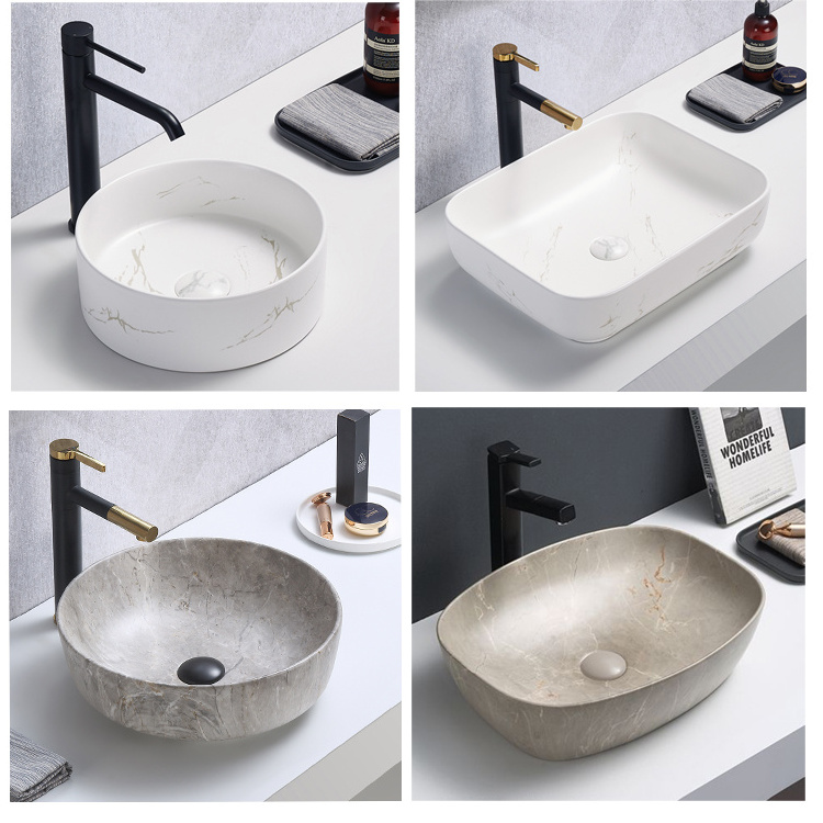 New Lavatory Counter Wash Basin Marble Top Ceramic Modern Table Top Art for Hotel Black Bathroom Sink Countertop Ceramic Basin