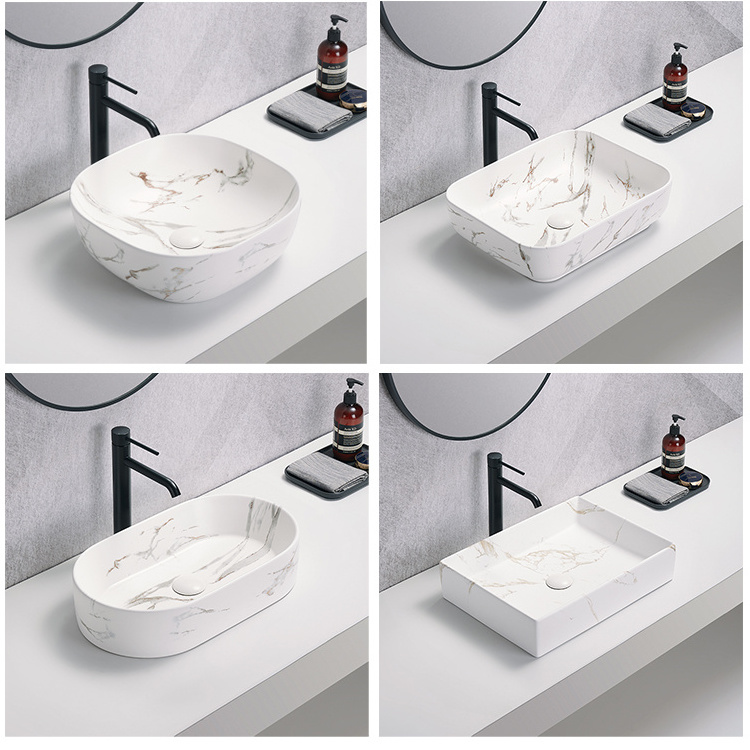 New Lavatory Counter Wash Basin Marble Top Ceramic Modern Table Top Art for Hotel Black Bathroom Sink Countertop Ceramic Basin