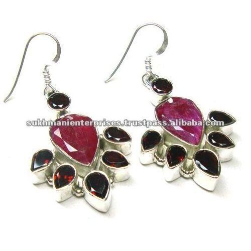 Fine jewelry 925 sterling silver earrings red ruby quartz drop dangle hoop huggie stock ear studs bezel jhumki Indian jewellery