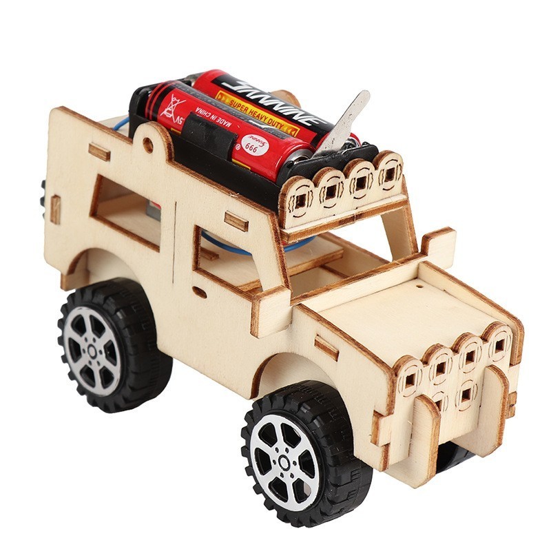 Wholesale wooden electric jeep model DIY 3d puzzle stem educational toy hot selling