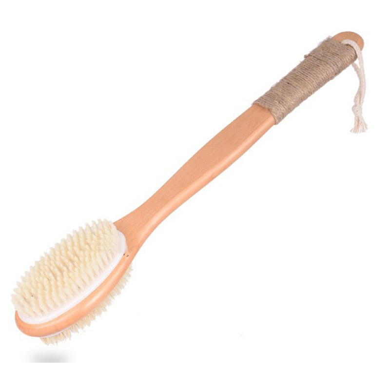 Wooden Bath Brush Long Handle with Double Sided Bristles Wood Massage Shower Brush with Soft and Stiff Bristles