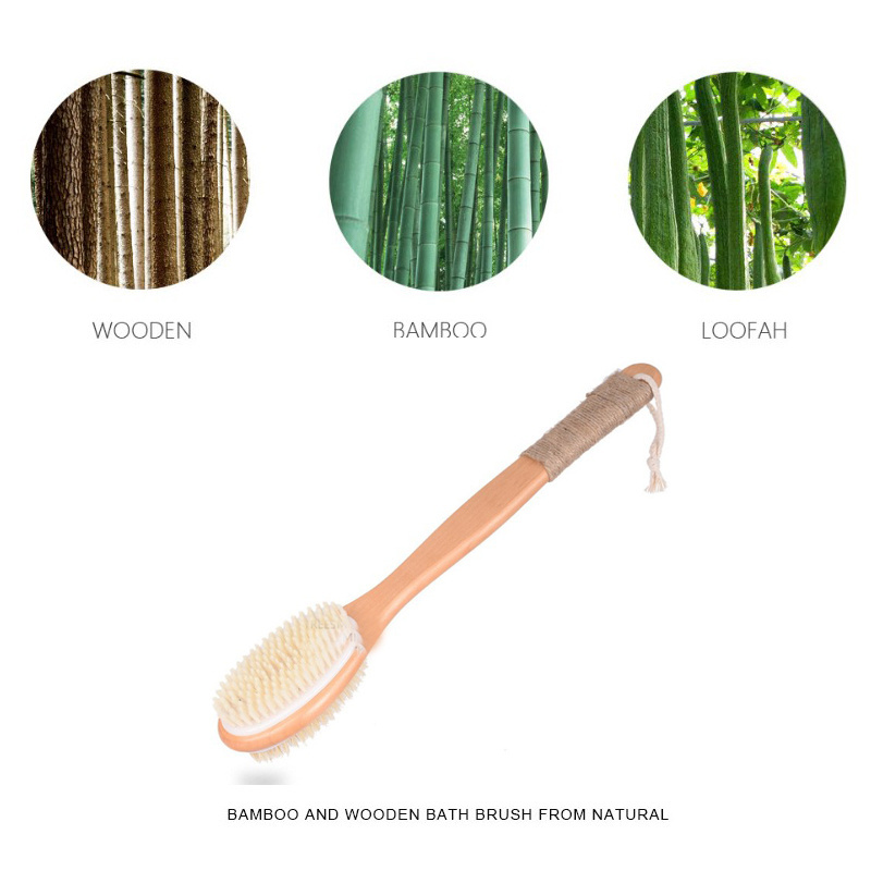 Wooden Bath Brush Long Handle with Double Sided Bristles Wood Massage Shower Brush with Soft and Stiff Bristles