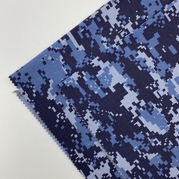 Modern style blue color polyester t/c 80/20 rip-stop camo poly cotton mosaic printed workwear fabric for uniform