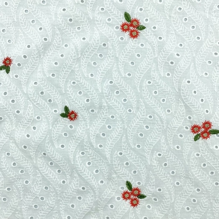 Roll packing white red floral pattern custom 40s 60s eyelet thick lace soft cotton embroidery fabric for baby clothing