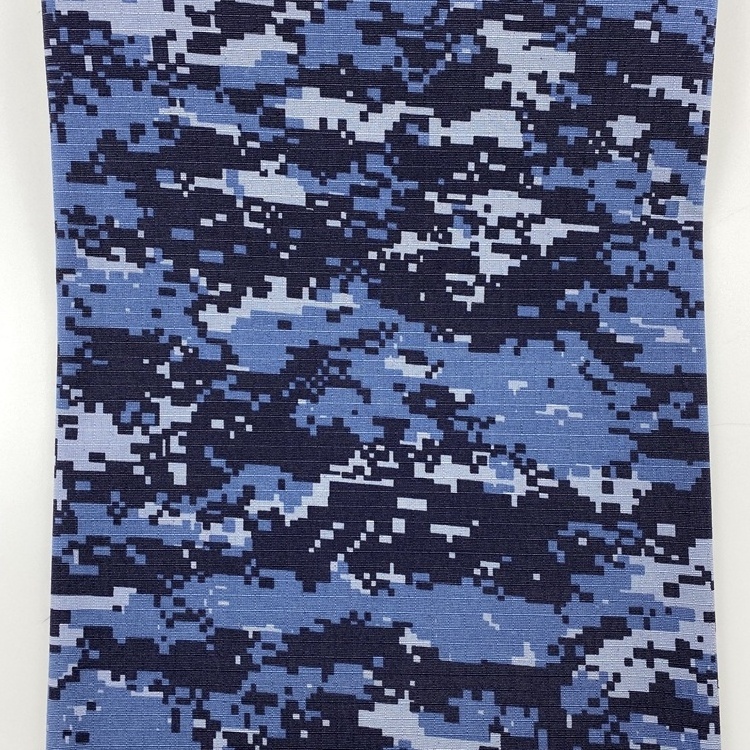 Modern style blue color polyester t/c 80/20 rip-stop camo poly cotton mosaic printed workwear fabric for uniform