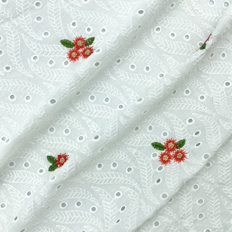 Roll packing white red floral pattern custom 40s 60s eyelet thick lace soft cotton embroidery fabric for baby clothing