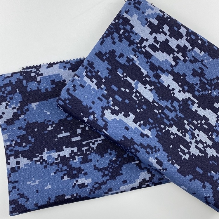 Modern style blue color polyester t/c 80/20 rip-stop camo poly cotton mosaic printed workwear fabric for uniform