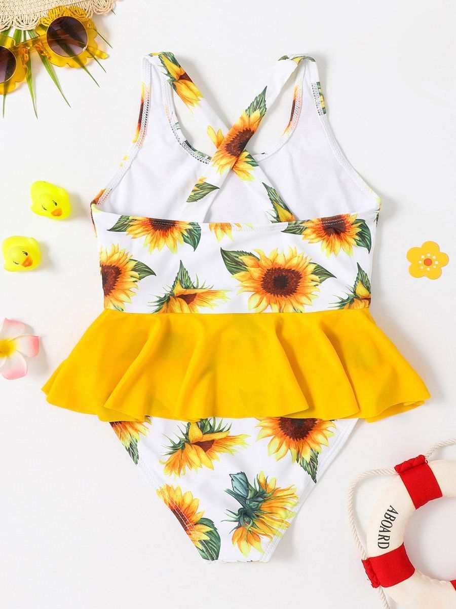 All Over Sunflower Printing 2 - 12 Years Old Crossing Back New Children Girls Floral Swimwear Bikini