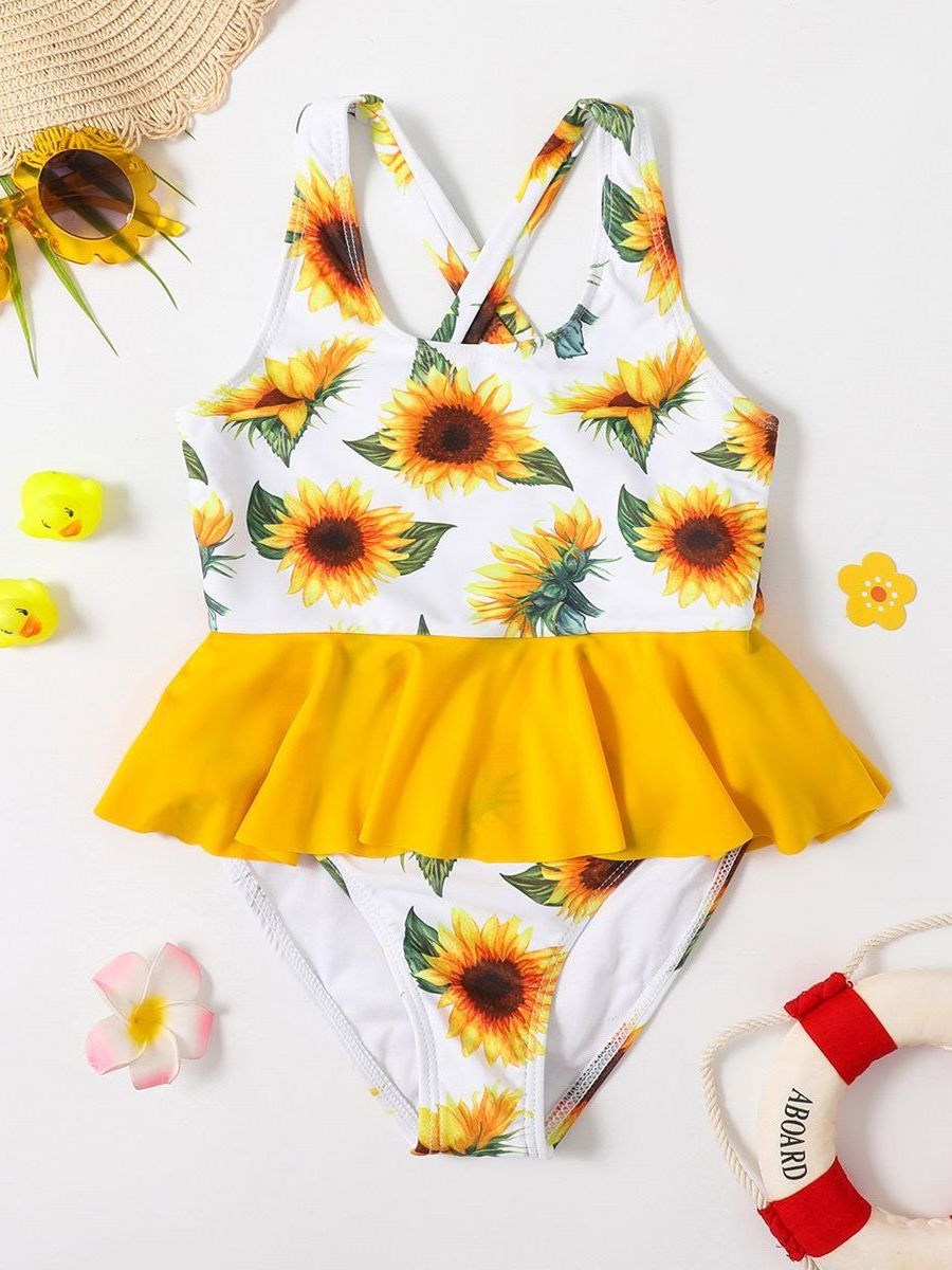 All Over Sunflower Printing 2 - 12 Years Old Crossing Back New Children Girls Floral Swimwear Bikini