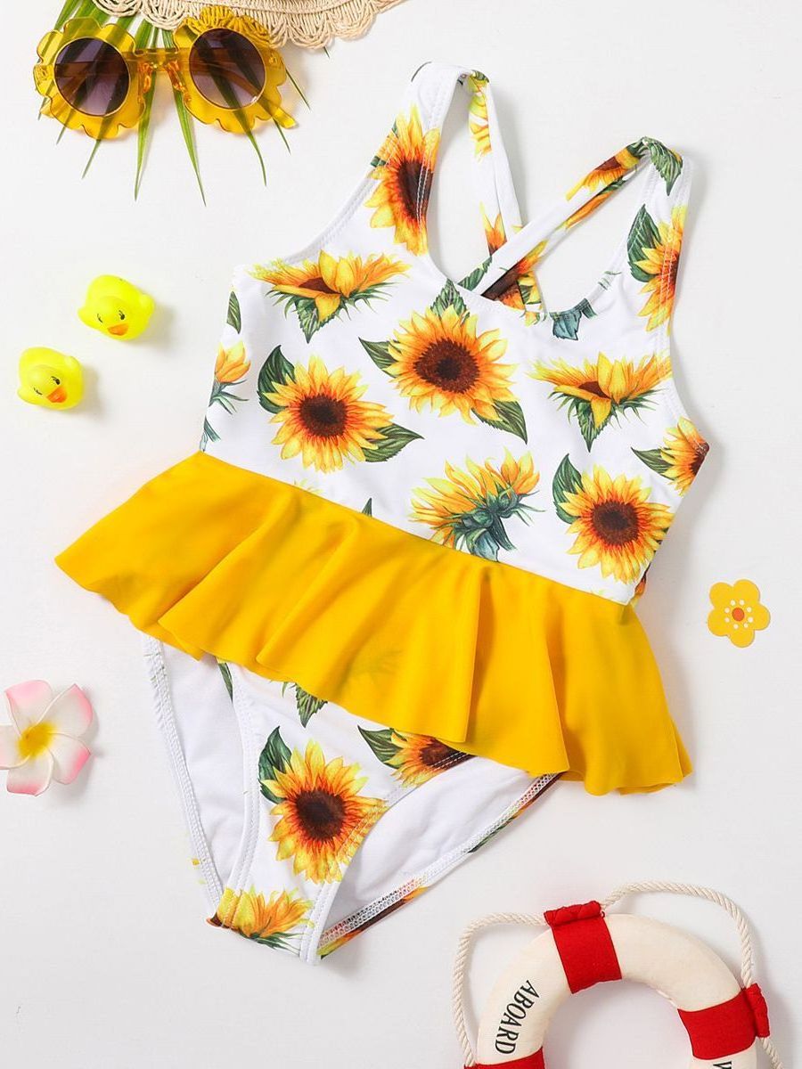 All Over Sunflower Printing 2 - 12 Years Old Crossing Back New Children Girls Floral Swimwear Bikini